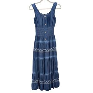 Lapis Western Cowgirl Chambray Denim Maxi Dress Womens Small Smocked Sleeveless